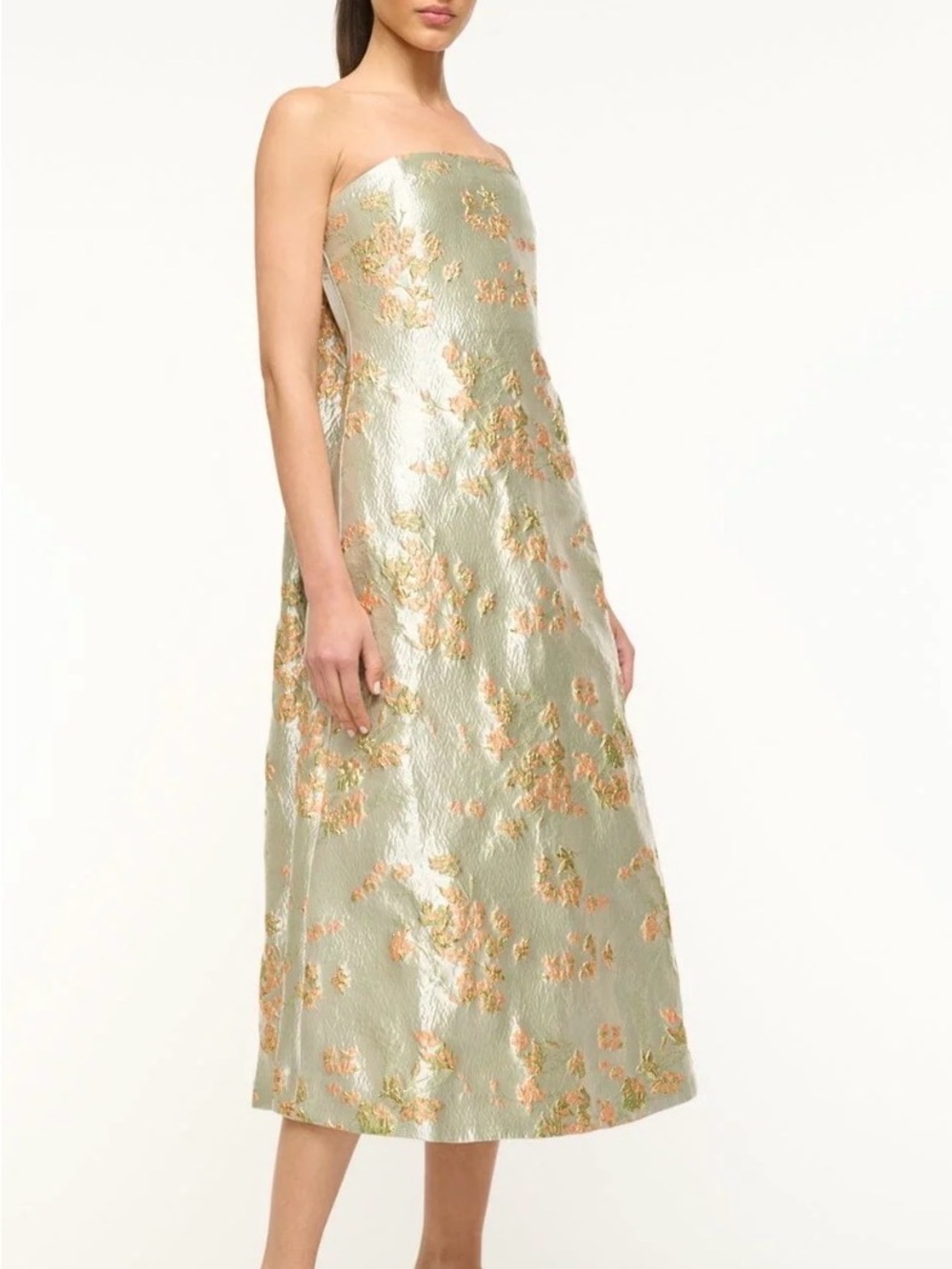 STAUD KENNEDY DRESS Strapless Metallic Floral Midi Dress in Sage and Gold